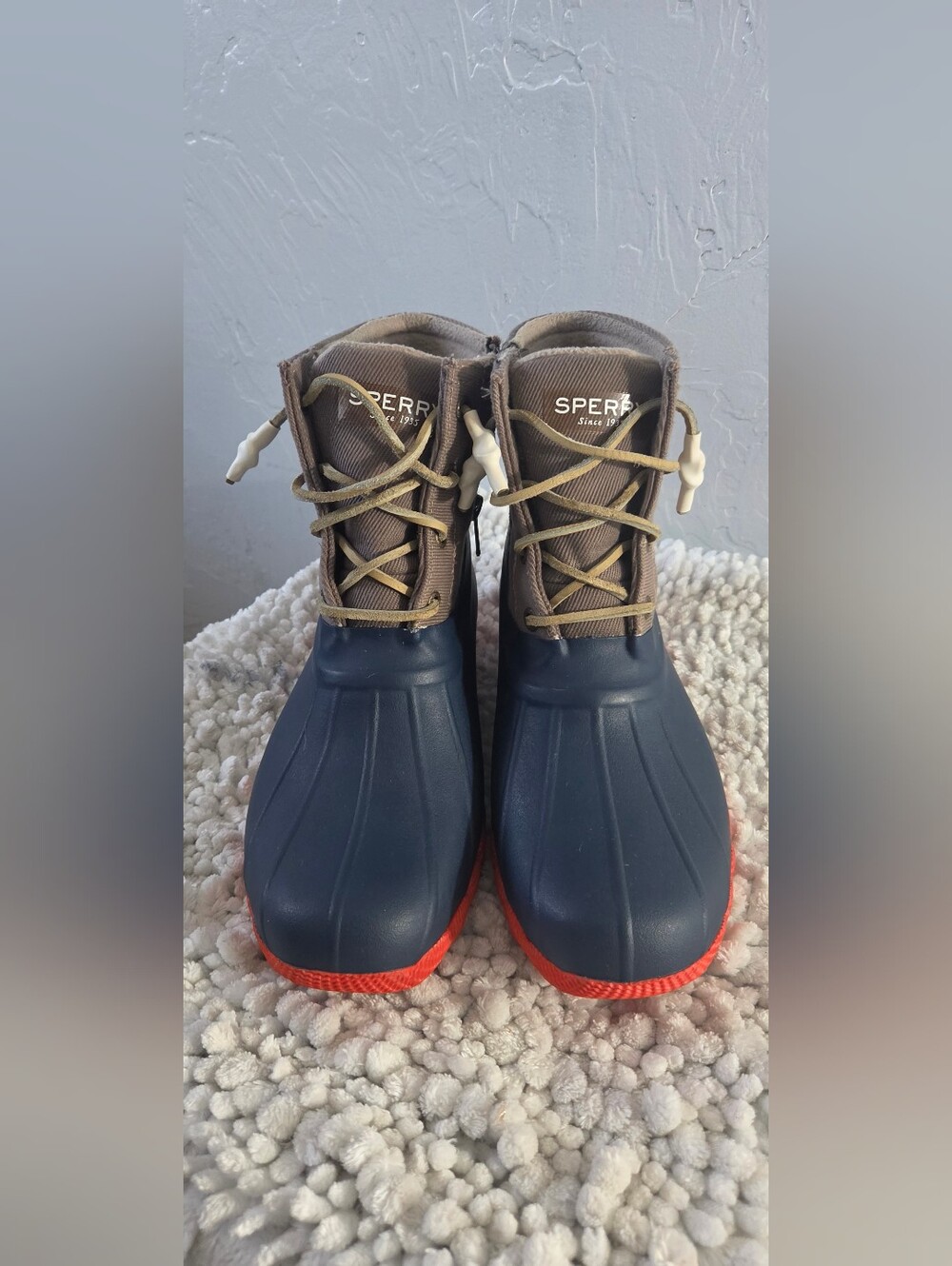 Sperry Women’s Rain Duck Boots Size 8 Navy Brown Orange Preppy Coastal Outdoorsy